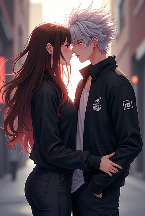 Platinum hair anime boy , cross beinco , wearing black cargo pants with black rbm jacket , holding the waist of a girl with long brown curly hair as well as her eyes with the same look as him , but green in color 