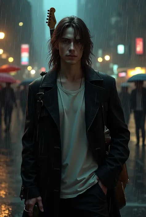 A white-skinned vampire man with an effeminate face and long brown hair with bangs above his eyes and brown eyes smiling wearing a black jacket and a white t-shirt holding a bottle of wine a guitar attached to a buckle on his back on a rainy night on a str...