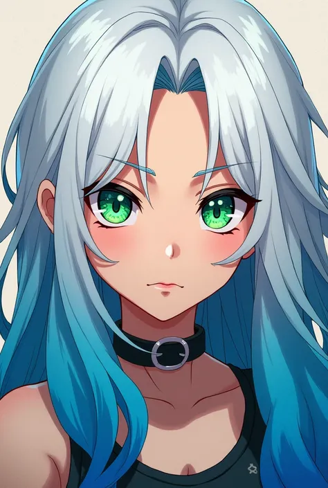 A girl with white hair with blue tips and green eyes in the style of Boku no Hero Academia 