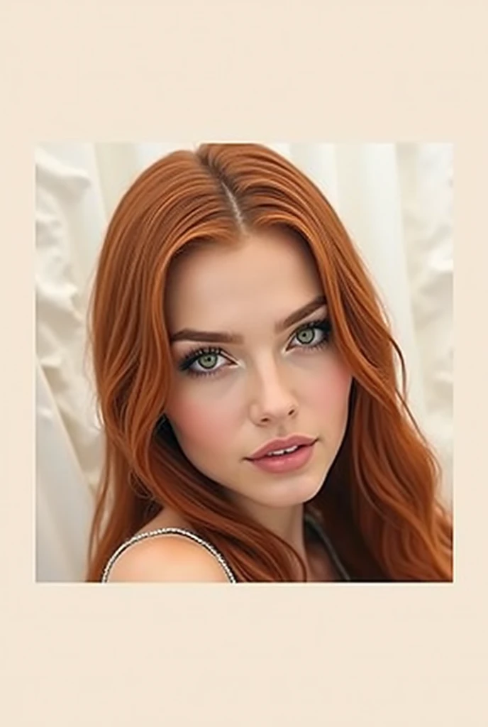 a beautiful redhead girl with long straight hair, posing suggestively for a fashion magazine cover, glamorous and stylish, wearing light-colored clothing, high-quality, photorealistic, intricate details, masterpiece, dramatic lighting, warm color tones