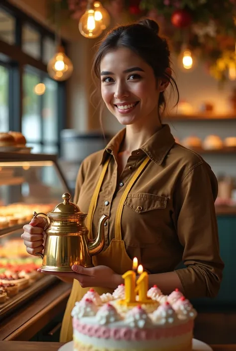 a coffee worker holding a golden teapot, brown uniform with yellow, in front of a birthday cake, photorealistic, cafe interior in the background, studio lighting, high detail, hyperrealistic, intricate details, cinematic lighting, warm tones, bakery, pastr...