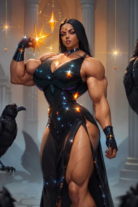 ((Close-up)), tall, (black hair) beautiful muscular woman, long straight hair, brown skinned, closed smile, (black lipstick), (massive muscles), (hyper muscle), ((ginormous bulky muscles)), orange eyes, ((((long sparkly black Crystalline Dress)))), (Crysta...