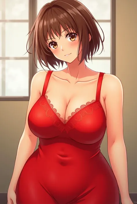 fat woman with short brown hair, brown eyes, light skin, wearing a red dress in anime style/manga/ showing from head to waist