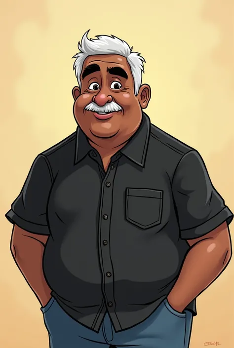 cartoon style drawing 
,  my grandfather is a 7 man, dark skinned, with short white hair, brown eyes, black eyebrows, small smile, full and wide face, wearing a black button-down shirt