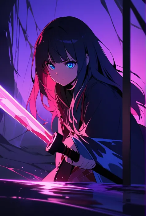 View/Shot
Close-Up Shot: Capturing the moment the girl swings her holy sword, emitting a sharp blue light.
Subject (with details)
Scene of a  fighting: Holding a holy sword with a mix of black and red patterns, she strikes at the enemy with a sharp blue li...