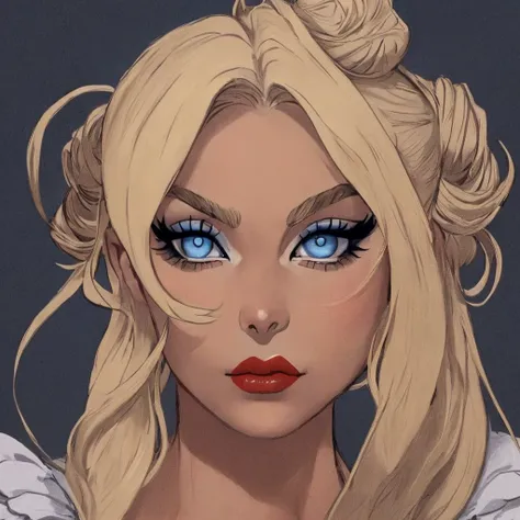 an eye contact of a blond with bun hair and dark theme, a portrait of a blonde woman , Makeup aesthetics Babe lips Blue eyes Red lips Sexy, My eyebrows are dark, 