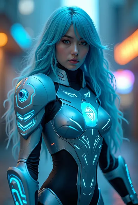 A stunningly detailed (((full body photograph))), showcasing a gorgeous cybersecurity guard with flowing, (((Fluo Illuminating Baby Blue hair that perfectly complements his/her advanced cyber armor. The intricate interlocking patterns on her/his cyber armo...