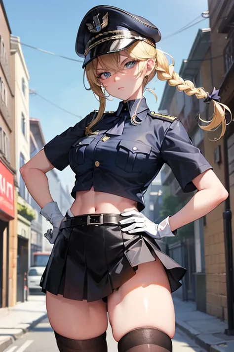 An anime girl in a sexy outfit posing on the street with a bush.,horny.,He wants you in his bed, military, SS OFFICIAL police uniform, 1 girl, SOLDIERwoman,Milf,dangerous and hot, shirt, skirt, has, tie, policía has, Blue eyes, gloves, breasts, blonde hair...