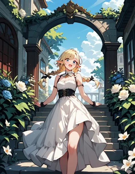 Blonde_（One）Long braided hair＿blue eyes、Elf_White dress with slit＿Red-faced and surprised、White Garden、(high quality、Score_9， Score_8_superior， Score_7_superior、Cell Shooting)