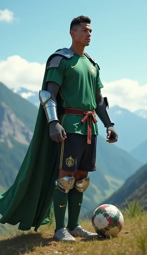 Ronaldo, now transformed into a knight, stands heroically on a hilltop, wearing green jersey and black shorts. He grips the mystical ball tightly as he gazes out over the kingdom, ready to defend it. The backdrop shows distant mountains and a clear blue sk...