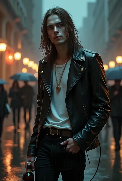 A white-skinned rocker vampire man with an effeminate face and long brown hair and brown eyes smiling wearing a black jacket and a white t-shirt holding a bottle of wine and a guitar on his back on a rainy night on a street lit by streetlights and people w...