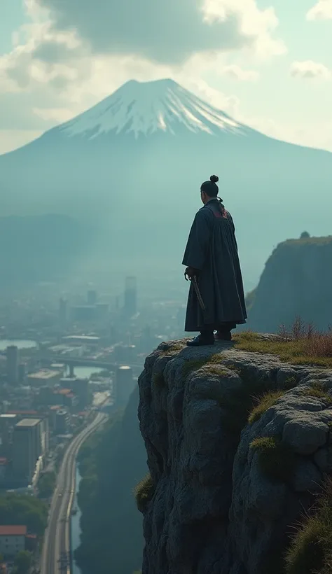 Katsumoto in his ceremonial samurai robes, standing on a cliff overlooking a valley, late 19th century Japan, watching construction of railroads and factories down below, his face filled with deep concern, the contrast of nature versus industry evident, hy...