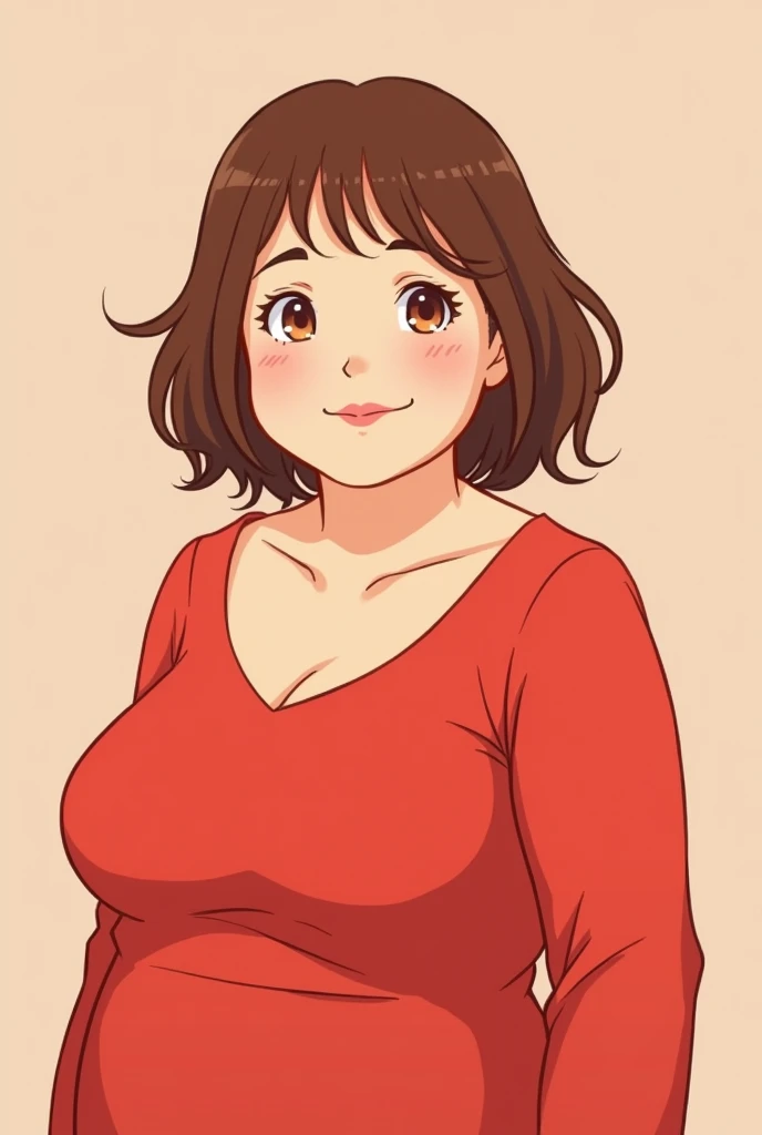 fat woman with short brown hair, brown eyes, light skin, wearing a red dress in anime style/manga/ showing from head to waist. OBS: The dress doesn&#39;t have many details and it&#39;s not tight.