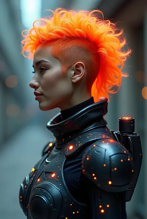 A (((full-body photograph))) of a (((cybersecurity guard))) with a distinctive ((fluo iluminating orange hair style)), which emits a soft yet vivid glow, highlighting her advanced cyber armors intricate details. The scene captures the essence of futuristic...