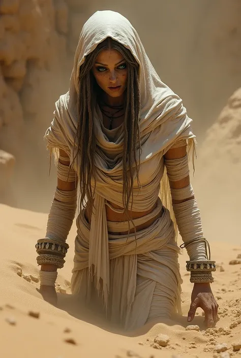 Mummy woman, lifeless colored eyes, wicked look, dry lips, closed lips, dull hair, long hair, dressed in ancient Egyptian garb and worn white bandages all over her body, emerging from the depths of the sand 