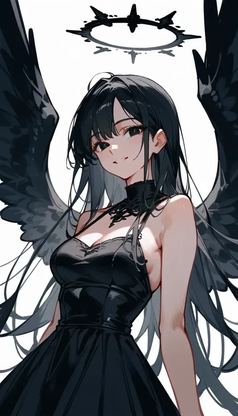 1 girl, solo, long black hair, black eyes, medium breasts, black gown, black halo, black angelic wings, flirtatious smile, sketc...