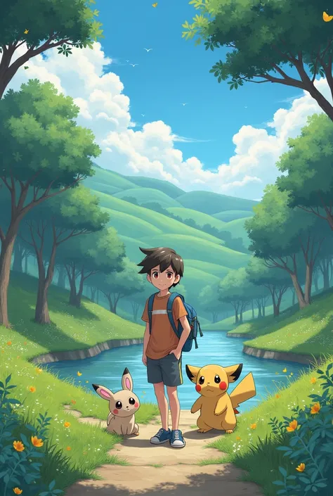 Studio Ghibli a teenager in a landscape with his pokemon friends