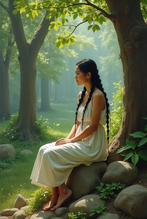 Beautiful peasant woman with white huipil ,braiding her black hair, barefoot ,sitting on a rock in the middle of the forest , painting style 
