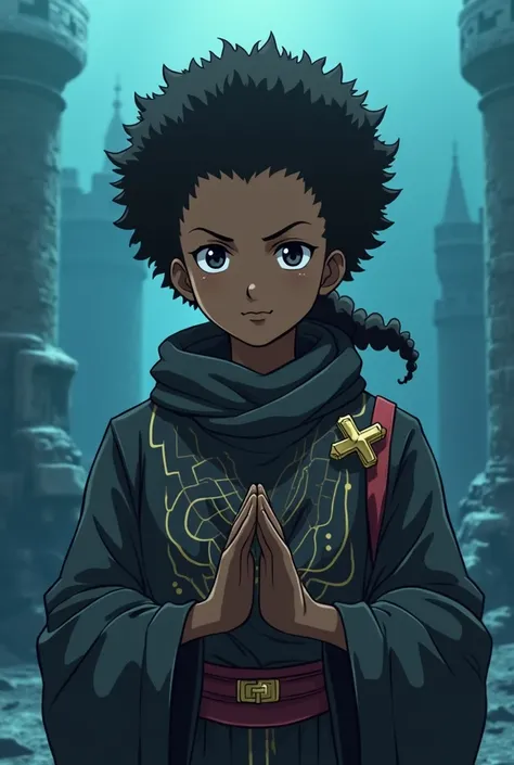 and comes from castles in the sea the character is called orakos I want his design to be advanced from nDemon Slayer his eyes are black his skin color is dark brown his hair is afro with a ponytail he smiles sincerely it is as if he were asking