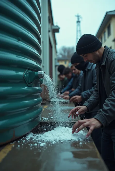 create an image of students throwing laxatives into the school water tank