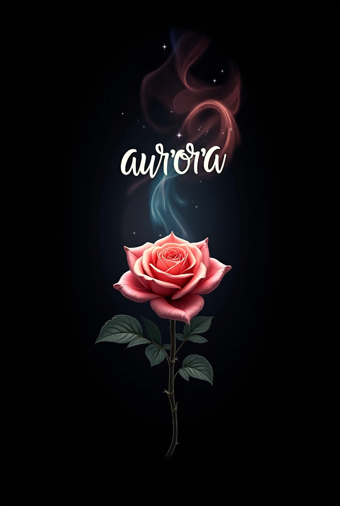 WORD AURORA IN ROSE WITH ROSE BELOW on black background 