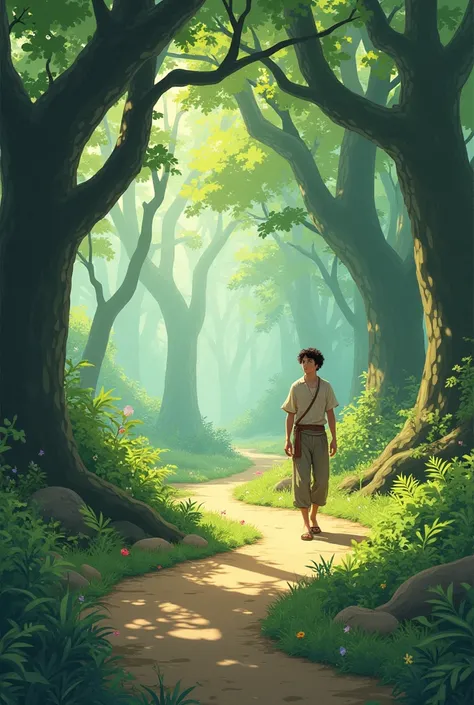 Studio Ghibli a young man walking on a path like a forest