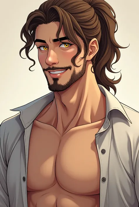 I would like to create an anime character in detail, A rather handsome man with a bit of a beard and wavy hair with a brown ponytail, golden eyes and a charming smile, Your clothes can be a shirt that shows your abdomen