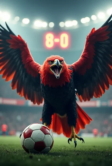 An angry red and black eagle with its wings spread in a stadium with a scoreboard reading 8 - 0 and a soccer ball 