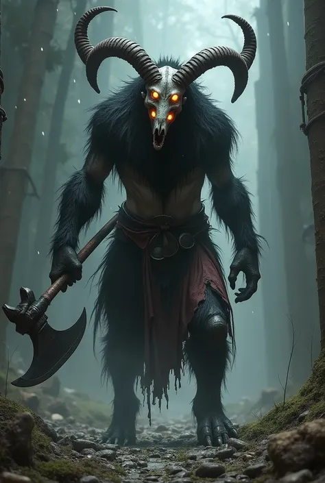  
capra demon, dark souls, goat head, war axe, 4th eyed goat skull in the head, black fur, ragged skirt,  like body