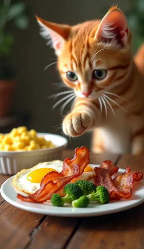 A plate filled with an assortment of surprising cat food: crispy bacon, lightly steamed asparagus, and small pieces of broccoli. The scene is set on a wooden table with a small dish of scrambled eggs on the side. A cute cat paw is reaching for the plate, c...