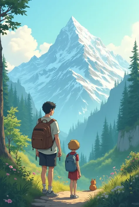 Studio Ghibli a young man and his partner on a mountain