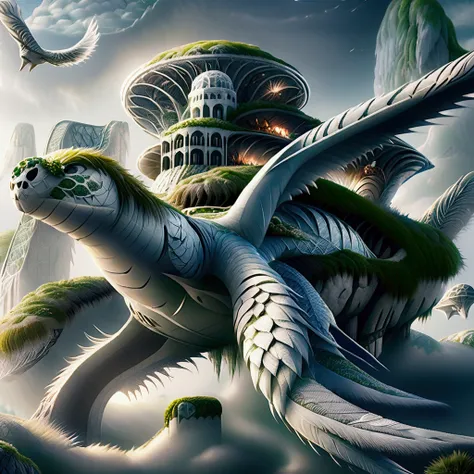 An enormous, fantastical creature resembling a giant moss-covered sea turtle, serving as a living airship. Its body is covered in soft, white feathers, and its head is adorned with elegant feather ridges sweeping backward, with detailed textures on its fac...