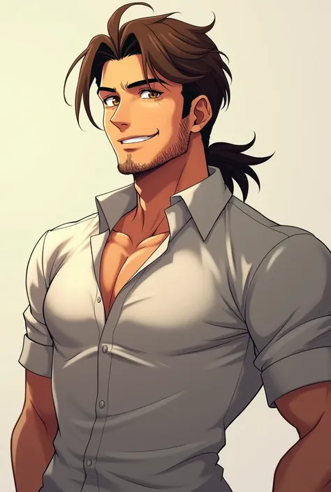 I would like to create an anime character in detail, A very handsome man with a bit of a beard and wavy hair with a brown ponytail, golden eyes and a charming smile, Your clothes can be a shirt that shows your abdomen a little., It has to be quite masculin...