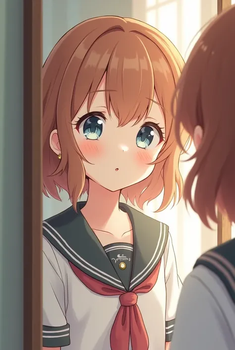 anime girl, looking in the mirror , with school uniform , brown curly hair just like her eyes , and a hoop earring