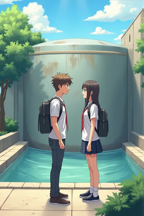 two students around a water tank 