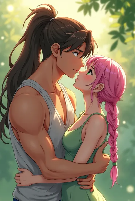 1 green-eyed boy with long brown hair in a ponytail, athletic body, slightly dark skin kissing a woman with two-tone hair (pink and green) in Japanese anime style braids 