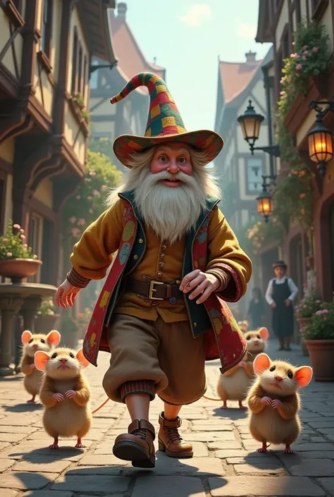 The Pied Piper of Hamelin, walking through the village with the happy mice behind him