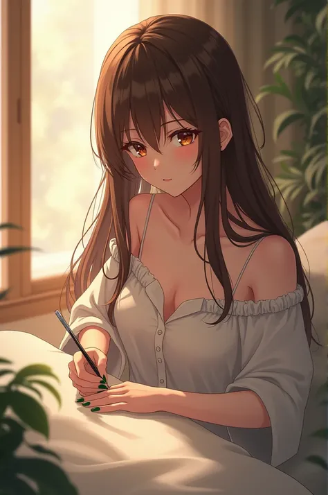 Anime girl painting her nails , esmlate verde , brown hair just like your eyes