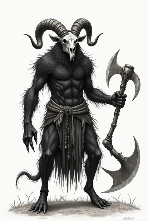 capra demon, war axe, 4th eyed goat skull in the head, black fur, ragged skirt, drawing, body in decomposition