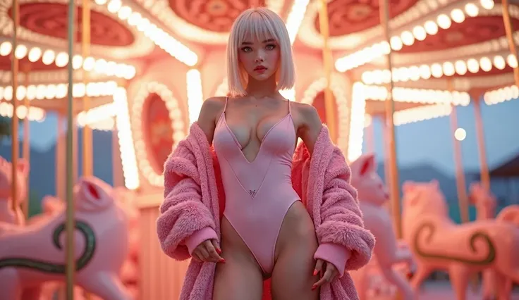 A japanese pop idol girl with platinum blonde bob hair and (black eye) woman standing confidently in an elegant, pink Leather T-back and High leg modern sexy leotard, (cameltoe), open leg, luxury pink big short length knit coat, big sole sneakers, captured...