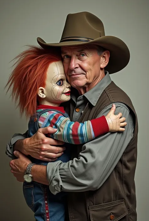 40 year old person hugging ugly chucky with his face sewn together, posing for the photo, The person must wear a hat and country clothes, The hug must be to appear in the photograph, a hug from photography 