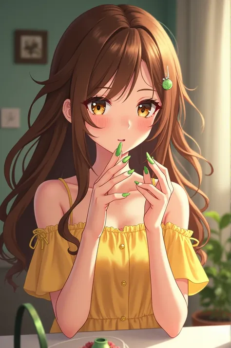 Anime girl painting her nails with green nail polish , brown hair just like your eyes , yellow dress