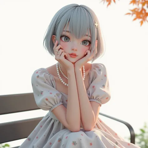 (8k, Photorealistic, Original photo, Highest quality: 1.4),Japanese idol-style beautiful girl,1,1 person,(Short Wolf Cut),(Silver Hair),She has her hair tucked behind her ears,Clear grey eyes,Long eyelashes,(piercings(pearl)),(Lip gloss),lips(Plump,glossy)...