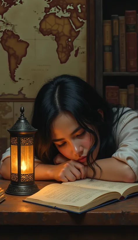 best quality, masterpiece, high resolution, realistic representation, of a teenage girl resting her head on the desk due to exhaustion from reading books, old books on the desk, a lit arabic lantern, silky black hair, hair spread over her shoulders , le st...