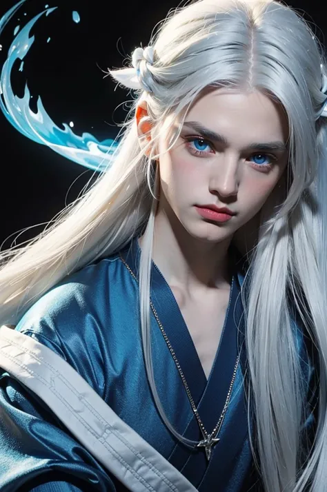 young man, very handsome, long white hair, blue eyes, wearing a blue tunic, blue fire flames, blue fire in the background of the image , blue fire, fox eyes, fuller face, with defined jawline, 8k, super detail, top quality, long white hair, no shirt , a go...