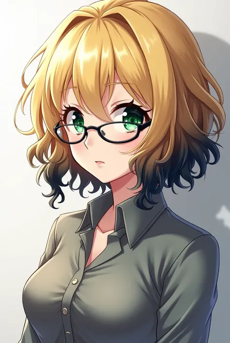 Anime girl with curly hair , half of the blonde curls on both sides , black hair root , Green eyes with glasses,  gray blouse