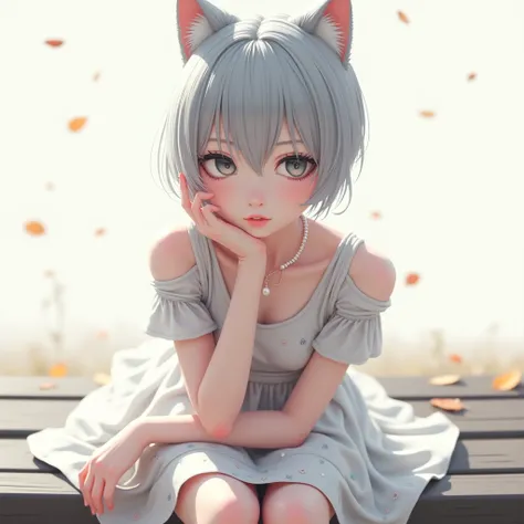 (8k, Photorealistic, Original photo, Highest quality: 1.4),Japanese idol-style beautiful girl,1,1 person,(Short Wolf Cut),(Silver Hair),She has her hair tucked behind her ears,Clear grey eyes,Long eyelashes,(piercings(pearl)),(Lip gloss),lips(Plump,glossy)...