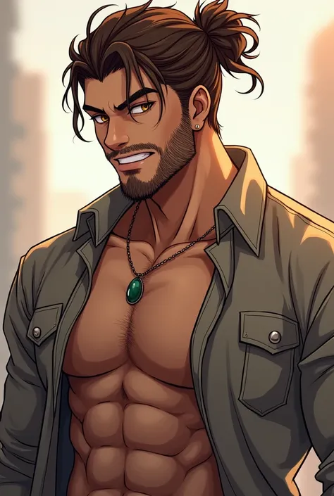 I would like to create an anime character in detail, A very handsome man with a bit of a beard and wavy brown hair with a small ponytail down., golden eyes and a charming smile, Your clothes can be a shirt that shows your abdomen a little., It has to be qu...