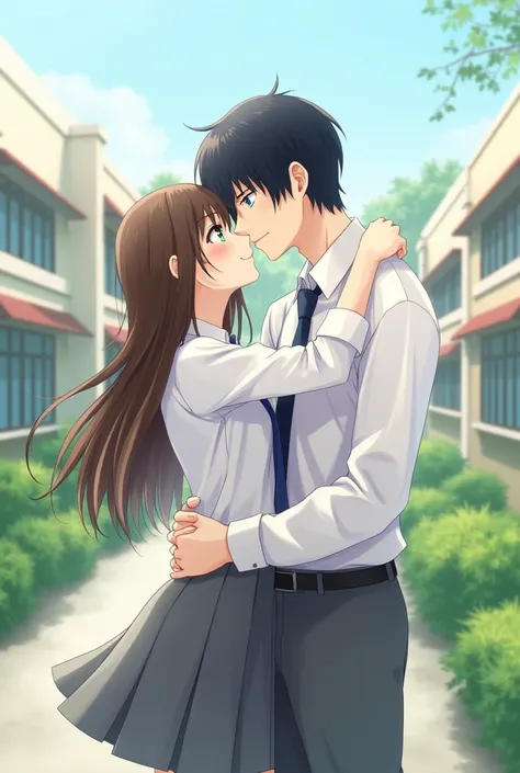 Create a cover for a Wattpad book where a girl with long straight brown hair and green eyes is kissing a tall boy with blue eyes and black hair and they are in a school and have a uniform of a white shirt without designs, a navy blue tie, a gray skirt, and...