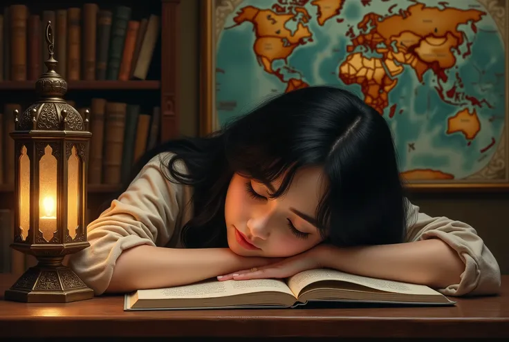 best quality, masterpiece, high resolution, realistic representation, of a teenage girl resting her head on the desk due to exhaustion from reading books, old books on the desk, a lit arabic lantern, silky black hair, hair spread over her shoulders , le st...